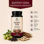 Santati Veda dietary supplement bottle with capsules and herbs on a beige background